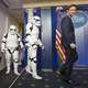White House Press secretary Josh Earnest with stormtroopers and R2-DR at a press conference in December (Associated Press)
